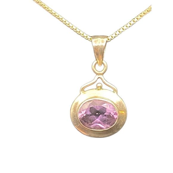 Oval amethyst pendant on 18” sterling silver 925 Italy box chain modern bezel se - Picture 1 of 10